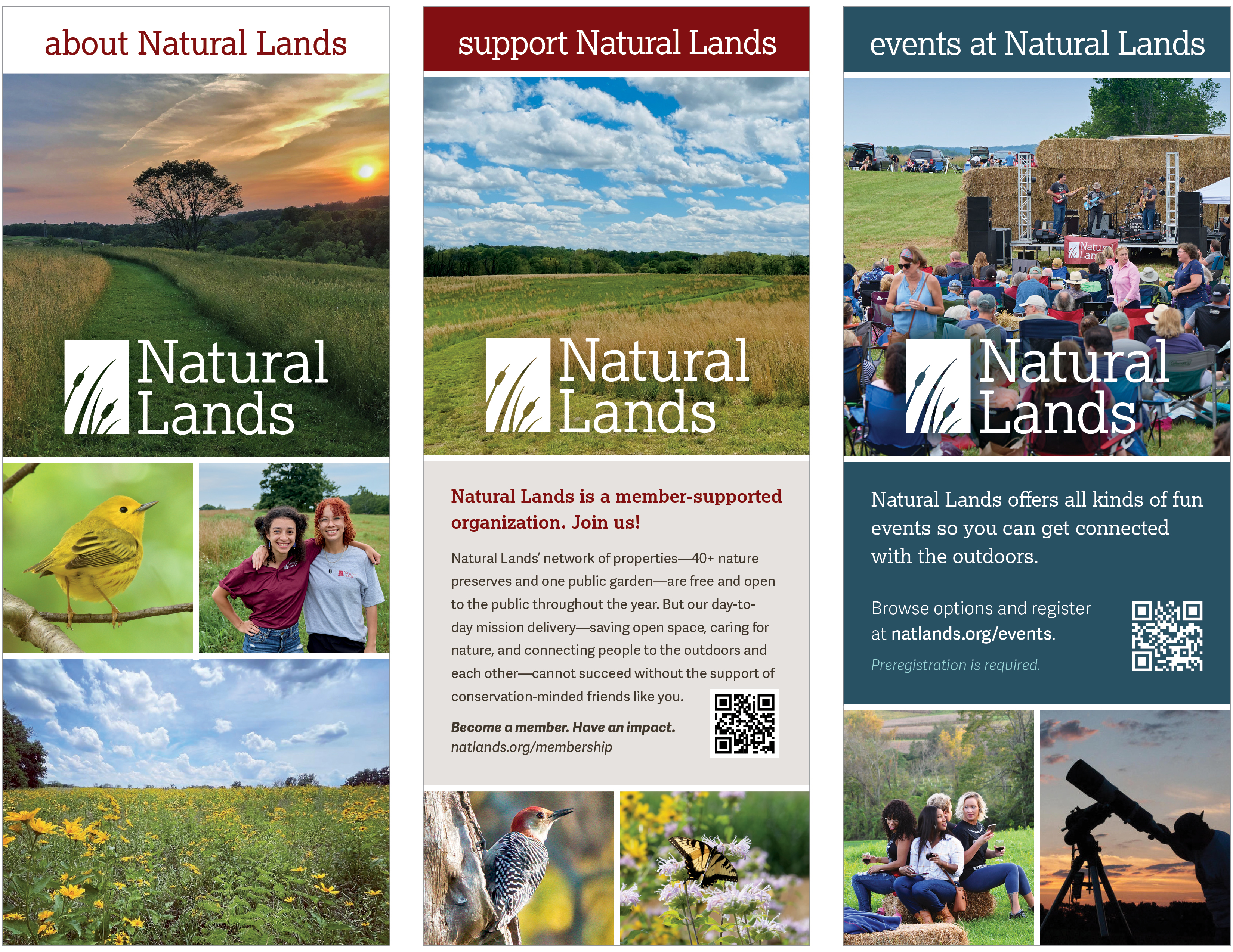 Covers of brochures and rack cards for Natural Lands.