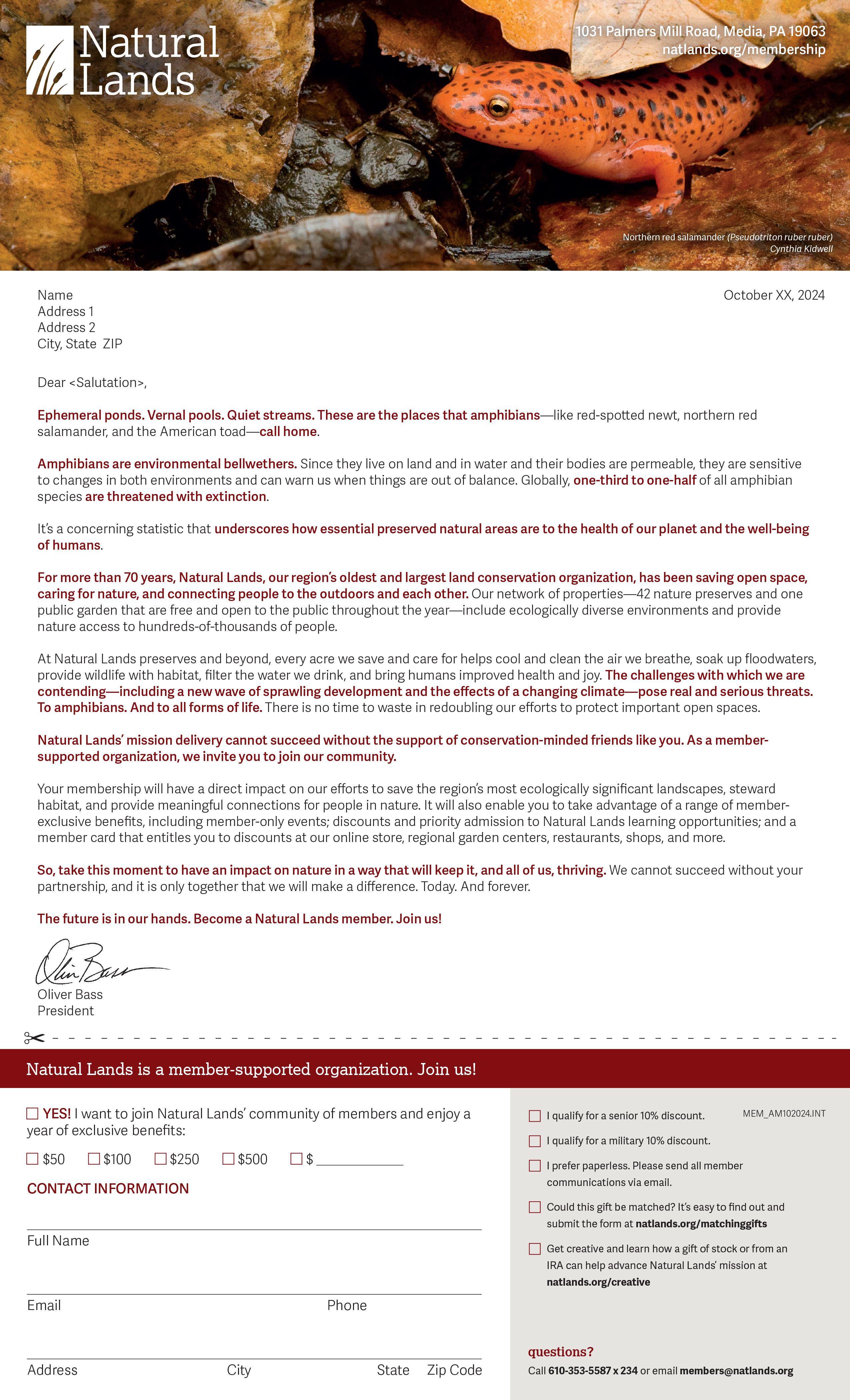 Front of a Natural Lands membership solicitation letter.