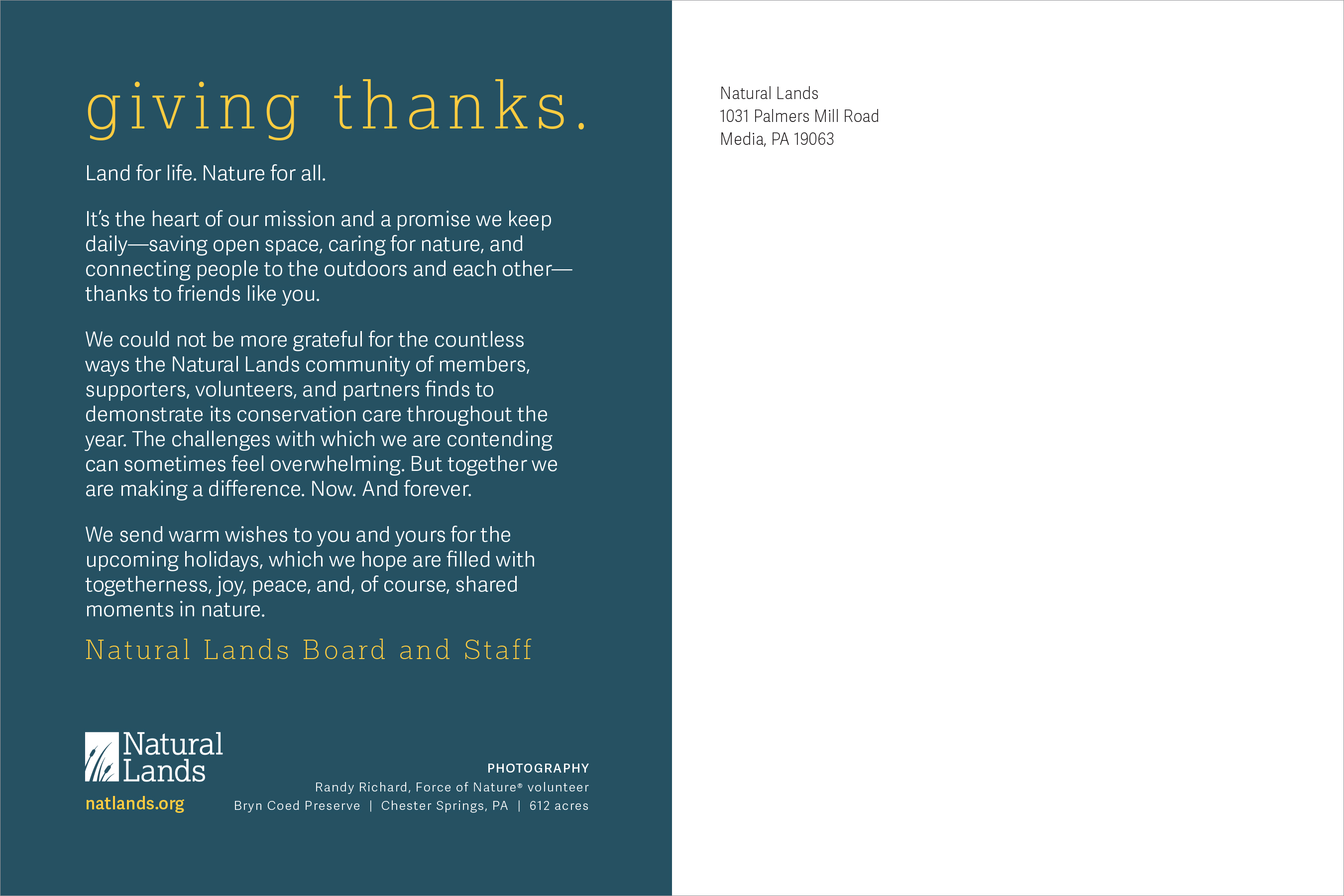 Back of a Natural Lands thank you postcard.