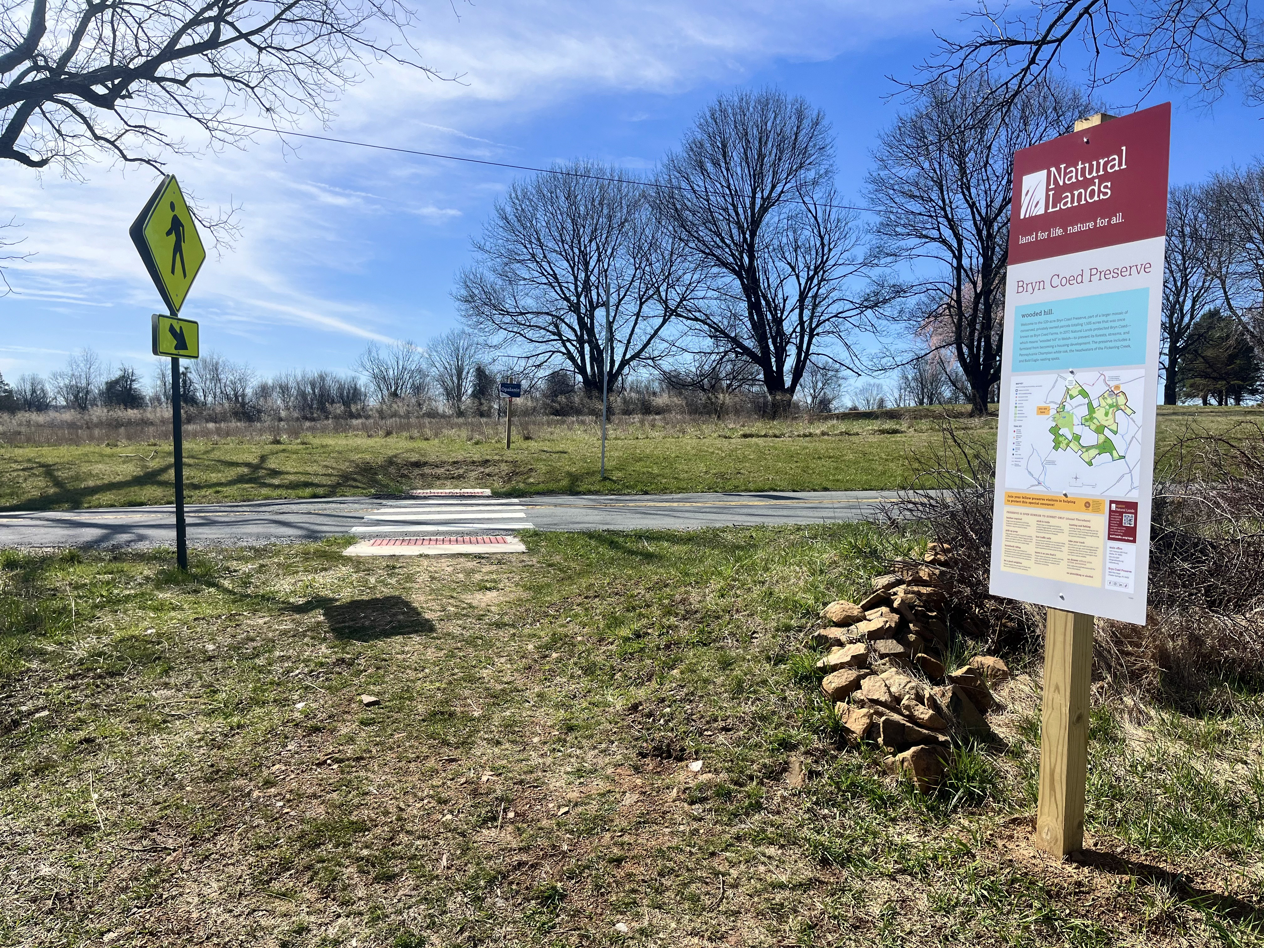 Trailhead sign for Bryn Coed Preserve.
